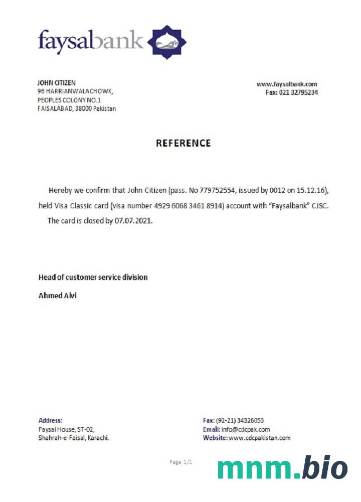 Przykład zamknięcia banku w Pakistanie Faysal w formatach Word i PDF